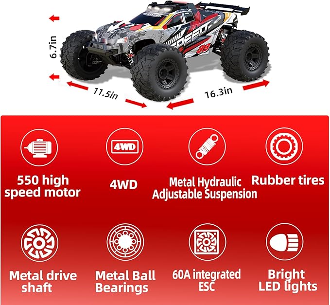 1:10 Large Brush RC Car for Adults, Fast Remote Control Car, 28+ MPH Rc Hobby Truck with Headlights, All Terrain 2.4Ghz Electric Hobby Rc Cars, 4WD Off Road Monster Truck for Adults - Red
