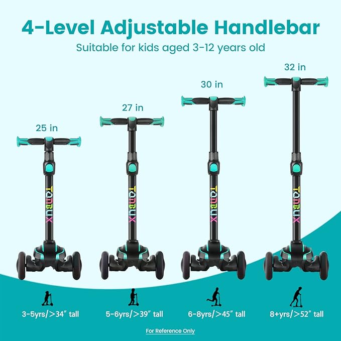 TONBUX Kids Scooter for Age 3-12, Toddler Scooter with 4 Adjustable Heights, Light Up 3-Wheels Scooter, Shock Absorption Design, Lean to Steer, Balance Training Scooter for Kids