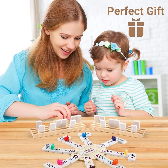 Mexican Train Dominoes Set with Numbers and 8 Wooden Trays/Racks, Double 15 Dominos Travel Set with 8 Tiles Holders, 136 Tiles Double 15 Colored Dominoes Game Set with Zippered Case for Family Kids