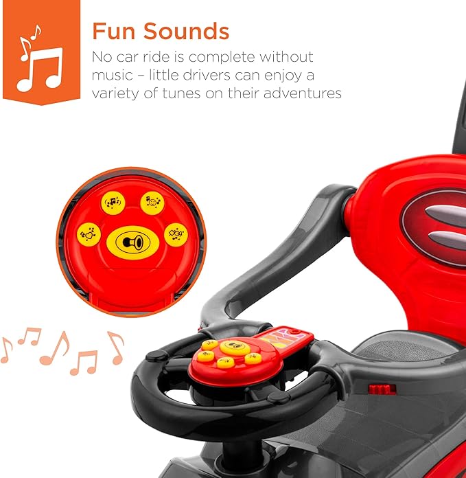 Best Choice Products Kids 3-in-1 Push and Pedal Car Toddler Ride On w/Handle, Horn, Music - Red