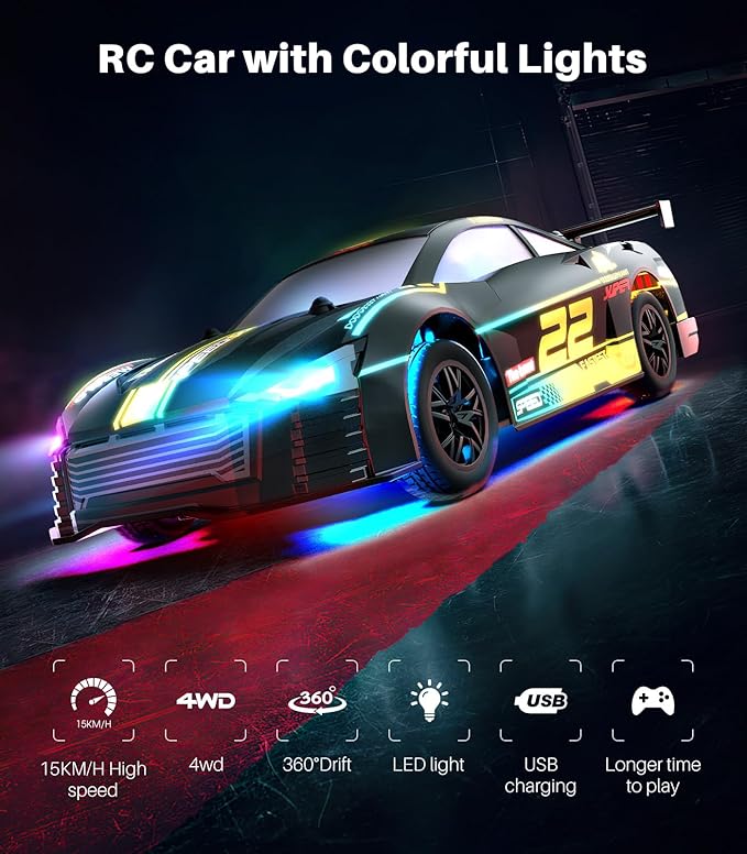 RC Car 1:24 Scale, 4WD High-Speed Remote Control Car with LED Lights, 2.4GHz Non-Disruptive, Rechargeable Batteries, 360° Drifting, PVC Shell, Ideal Birthday for Kids