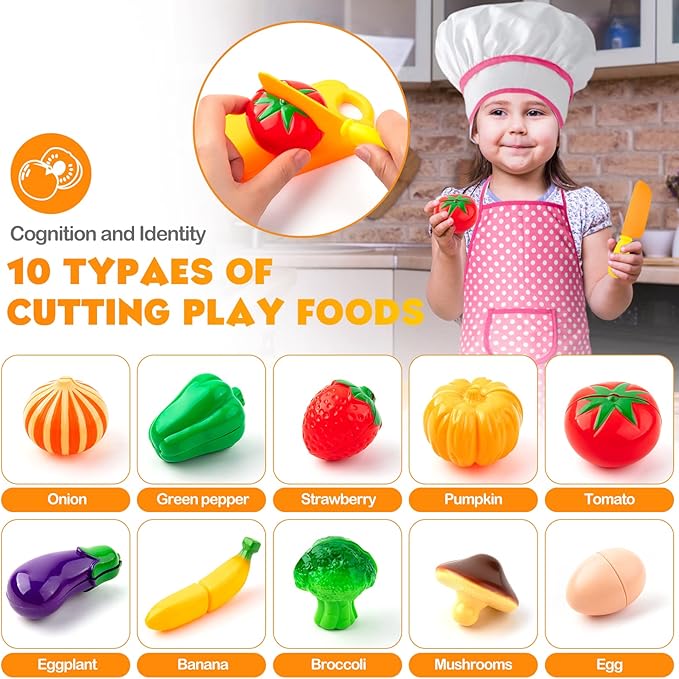 26PCS Play Kitchen Accessories, Kitchen Pretend Play Cooking Toys w/ Stainless Steel Cookware, Apron & Chef Hat,Pots and Pans Set, Cutting Foods, Great Learning Gifts for Toddler & Boys Girls