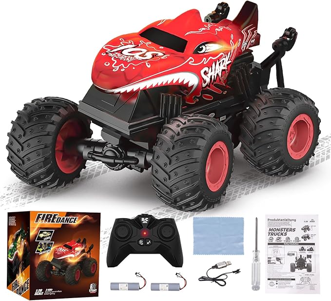 Remote Control Monster Truck Toys, 1:20 Scale RC Shark Monster Trucks with Light & Music, 2.4Ghz Remote Control Car Boys 4-7 & 8-12, Remote Control Truck with 360° Spin Walk Upright & Drift