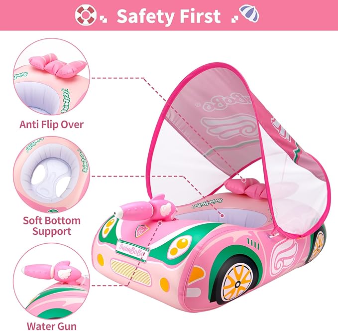Swimbobo Toddler Pool Float Pink Inflatable Airplane Car Baby Swim Float with Water Gun and Safety Seat Pool Toys for Kids 3+ Years Old