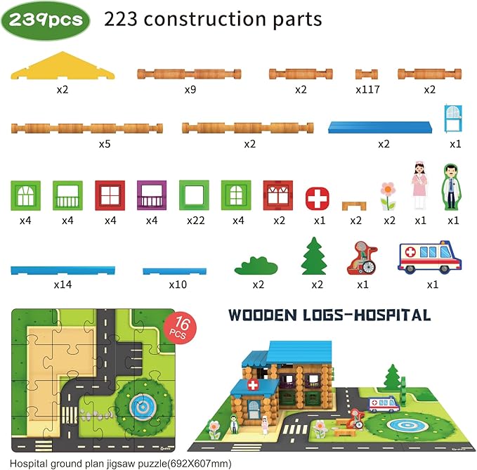 Wondertoys 239 Pieces Real Wood Logs Set Ages 3+, Classic Building Log Gift Set for Boys/Girls– Creative Construction Engineering - Top Blocks Game Kit - Preschool Education Toy