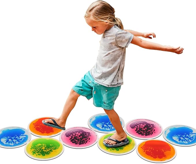Art3d 4PCS Round Sensory Floor Tiles for Kids, Toddlers and Children, Colorful Liquid Sensory Activity Mat for Active Play and Decorative