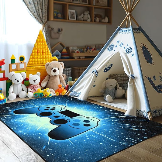 Gaming Rug for Gamer Game Room Boys Gamer Theme Carpets, Blue Galaxy Game Loading Gamepad Printed Floor Rugs for Bedroom Living Room Mat Sofa Mats,4'5''×6'