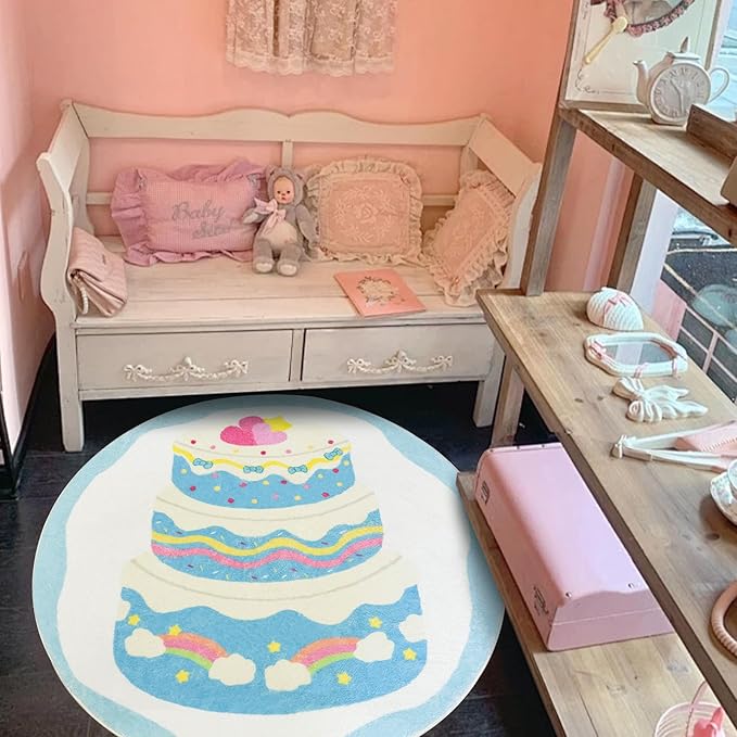 Kids Rug 4Ft Round Cake Bedroom Carpet Circle Blue Playroom Area Rug Rainbow Play Mat for Boys Girls Nursery Living Room Classroom Decor Washable Children Throw Rug, Blue