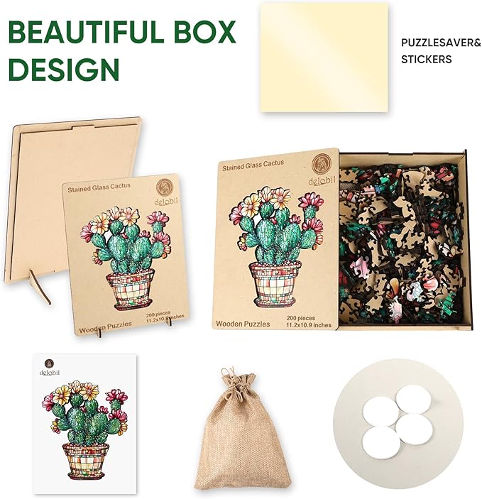 Stained Glass Cactus Wooden Puzzles for Adults, 500 Pieces Jigsaw Puzzles, Unique Shaped Royal Size Liberty Wood Puzzle Gift for Adults and Kids, Family Game 15.2'' x 17.7''