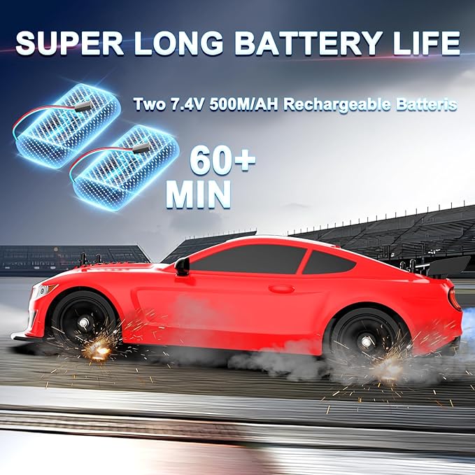 Remote Control Car RC Drift Car 1:16 Scale 4WD 18KM/H High Speed Model Vehicle 2.4GHz with LED Lights Spray Rubber Tire Racing Sport Toy for Adults Boys Girls Kids Gift 2Pcs Rechargeable Batteries