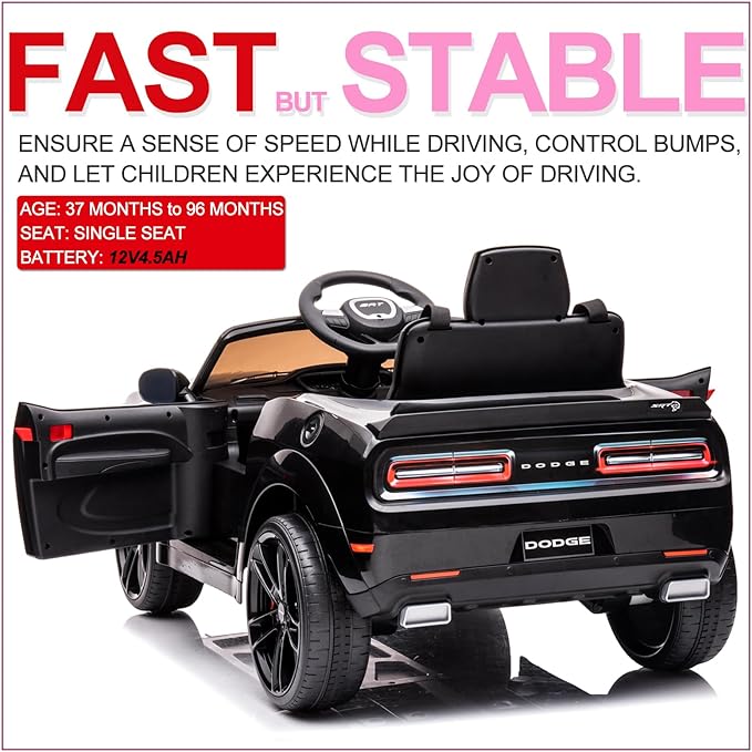 Kids Electric Car | Licensed Dodge Challenger Ride-On 12V Battery-Powered Vehicle with Remote, LED Lights, Bluetooth, MP3 for Boys and Girls, Black