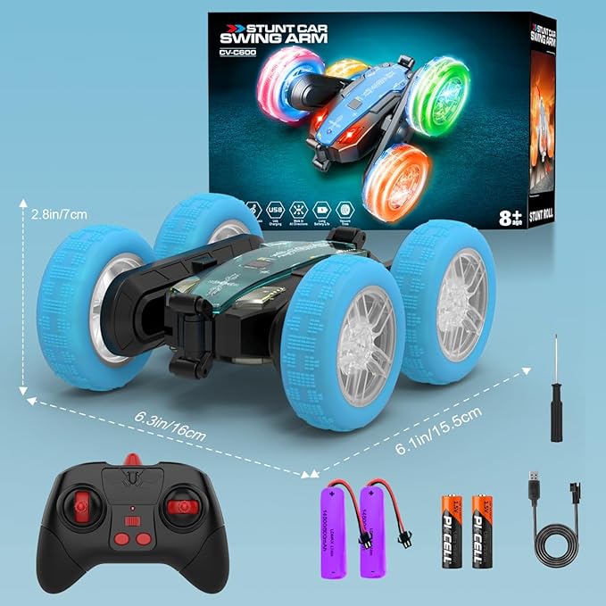 Remote-Control-Car-Stunt-RC-Car, New Upgraded 2.4Ghz 4WD Double-Sided 360° Rotating RC Crawler with Headlights & Wheel Lights, RC Truck Toy Cars Gift for Kids Boys and Girls Aged 6-12