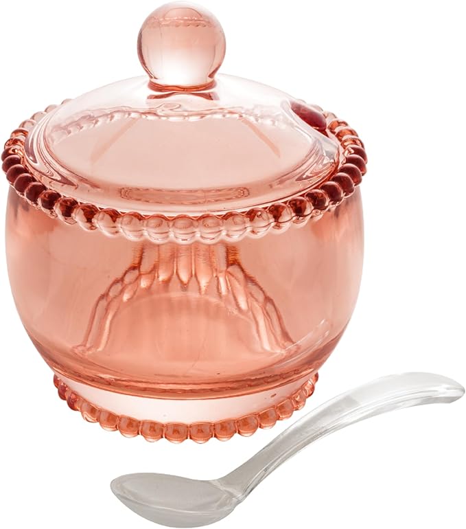 WOLFF - Pearl Crystal Beaded Sugar Bowl with Lid and Spoon - Sugar Holder, Dish for Candy Dispenser, Jelly Jar (Pink, Sugar Bowl)