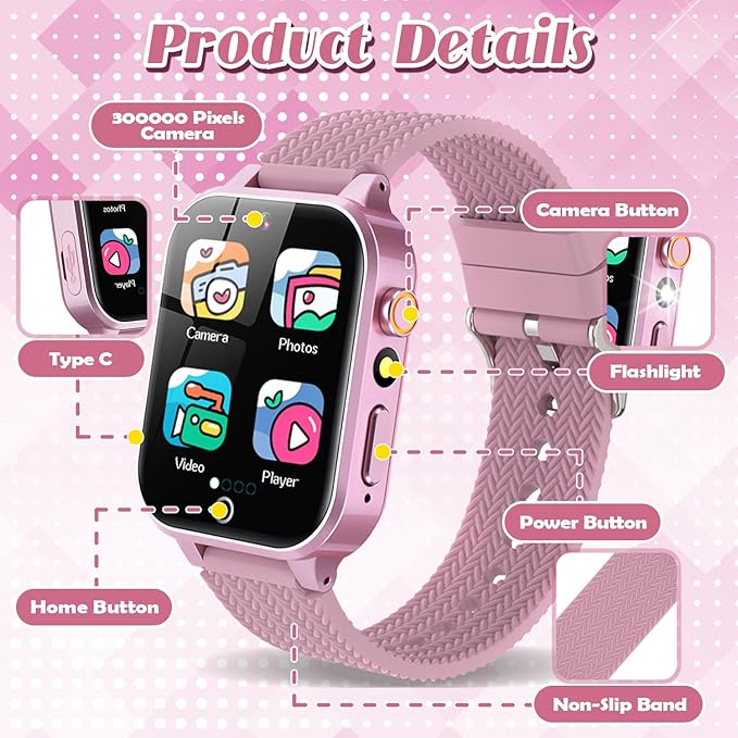 Smart Watch for Kids Girls Age 3-12 with 26 Puzzle Games HD Video Camera Touchscreen Music Player Learning Cards Storybook Pedometer Metal Case Kids Watch Toy Birthday Gifts Include 2 Screen Protector