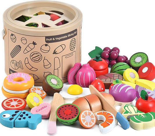 WHOHOLL Wooden Play Food for Kids Kitchen Playset, Play Kitchen Accessories Pretend Cutting Food Montessori Toys for 3+ Year Old with Basket, Toy Food for Fine Motor Skills