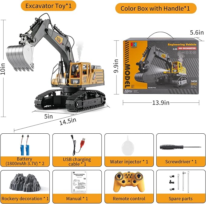 Remote Control Excavator Toys for Boys,14 Channel RC Digger Construction Toys Tractor,Simulated Smoke, Sound, Lighting, Metal Digging Head, for Boys 6 7 8 9 10 11 12