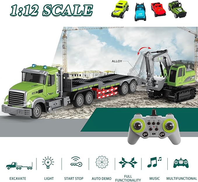 Fistone RC Semi-Trailer Truck & Excavator Toy Set, 1:12 Scale with Sound and Lights, 2.4Ghz Remote Control Flatbed Truck and Excavator Toys for Boys 6-12 Years Old