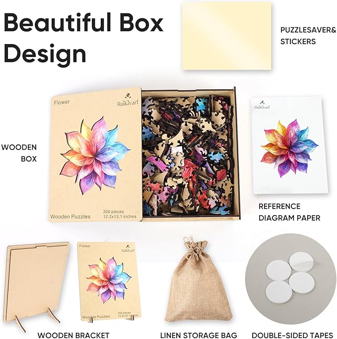 Colorful Flower 200 Pieces Wooden Jigsaw Puzzles for Adults with Unique Irregular Shape Fun Challenging Puzzles for Kids and Couples on Birthday, Father's Day, Christmas 13"*13"