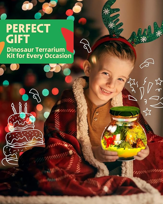 Light-Up Dinosaur Terrarium Kit for Kids, DIY Dino Toys Arts & Crafts Gift for Kid Boys Age 4 5 6 7 8-12 Years Old, LED Night Light with Remote, Birthday Easter Decoration Present