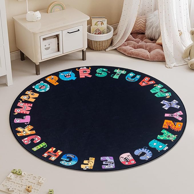 ABC Alphabet Rug for Kids,Classroom Playmat 6ft Non-Slip Circle Rugs for playroom, Round Area Rug for Elementary Classroom, Play Carpet for Boys Girls Bedrooms Playroom,Nursery Rugs-Black