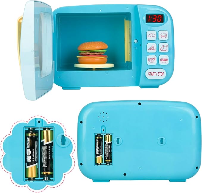 Microwave Kitchen Play Set with Light Sound for Kids with Pretend Fake Food and 6 Color DIY Play-Dough Clay Great for Toddlers 3 and Older Grils and Boys (Blue)