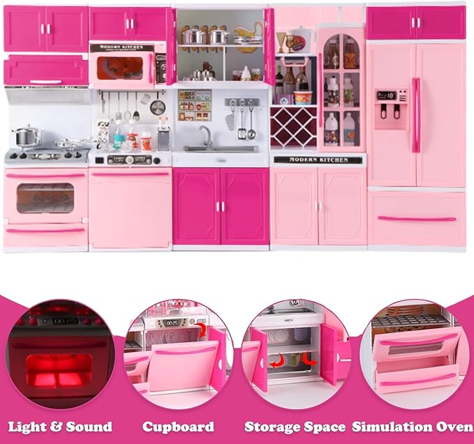Doll Kitchen Playset for Kids, My Modern Mini Kitchen House Furniture Pretend Play Toy Accessories Set with Realistic Lights & Sounds for Toddlers, Girls (5-in-1 Kitchen Set)