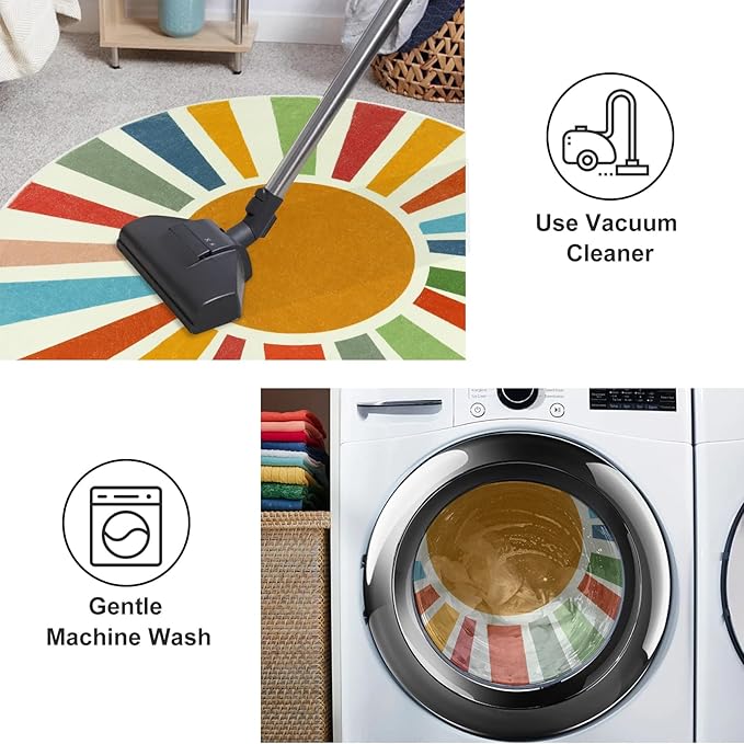 STARUIA Small Round Rug 4 Ft Washable Round Rug for Kids Room, Colorful Sun Circle Rug for Playroom, Non-Slip Circular Office Carpet Soft Rainbow Rug for Bedroom Reading Corner Dorm
