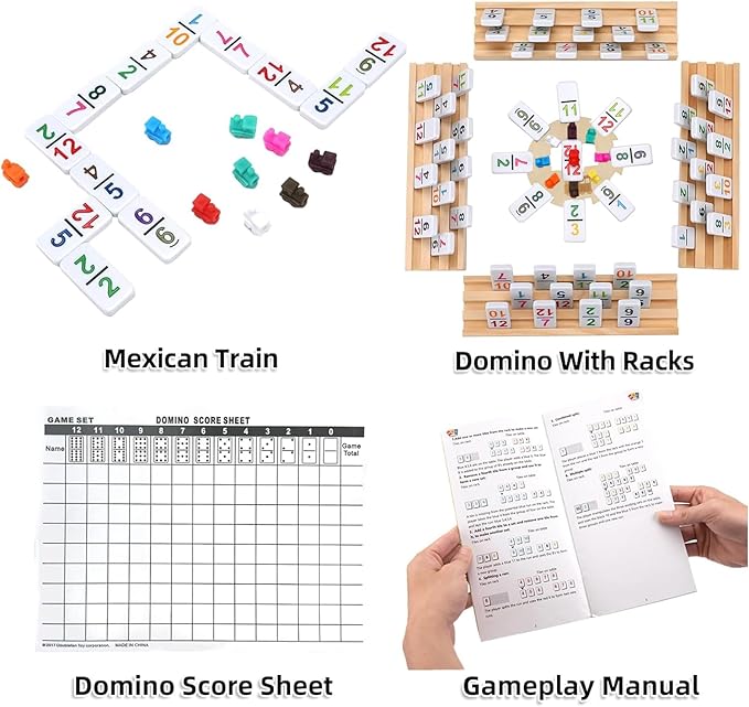 Double 12 Mexican Train Dominoes Set with 8 Wooden Racks & 91 Number Tiles Portable Travel Board Game for Kids and Adults Family Game Night
