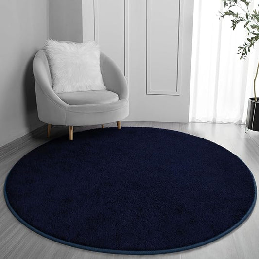 FlyDOIT Round Area Rugs for Bedroom Living Room, 5x5 Navy Blue Super Soft Comfy Thickened Memory-Foam Indoor Circle Carpets, Modern Aesthetic Minimalist Carpet for Boys Girls Adults Nursery Home Décor