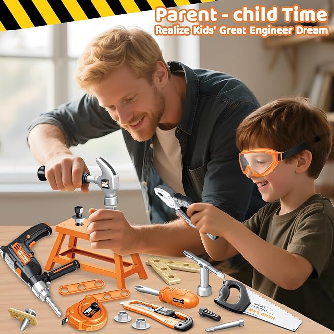 OCHIDO Kids Tool Set with Electronic Toy Drill, Kids Tool Box for Ages 3,4,5,6,7,8, 41PCS Toddler Tool Set with Portable Tool Box for Boys Christmas Birthday Gifts