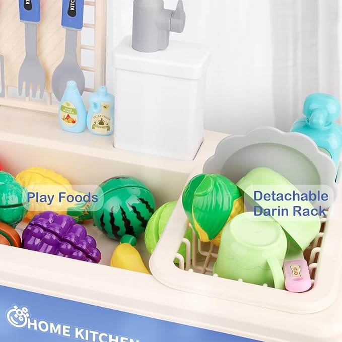 deAO Play Kitchen Toy Sink Toys with Cutting Food,Dishwasher Playing Toy with Running Water, Role Playing Game Pretend Food,44 PCS Kitchen Accessories Set for 3 4 5 Years Old Girls Boys Blue