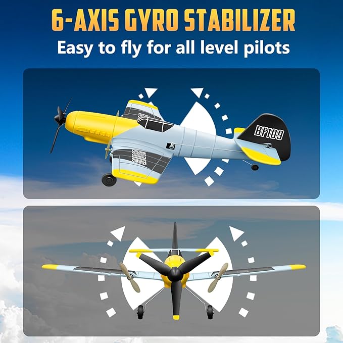 HAWK'S WORK 3 Channel RC Plane BF-109, Remote Control Airplane Ready to Fly, 2.4GHz 6-axis Gyro Stabilizer, Easy to Fly for Kids & Beginners