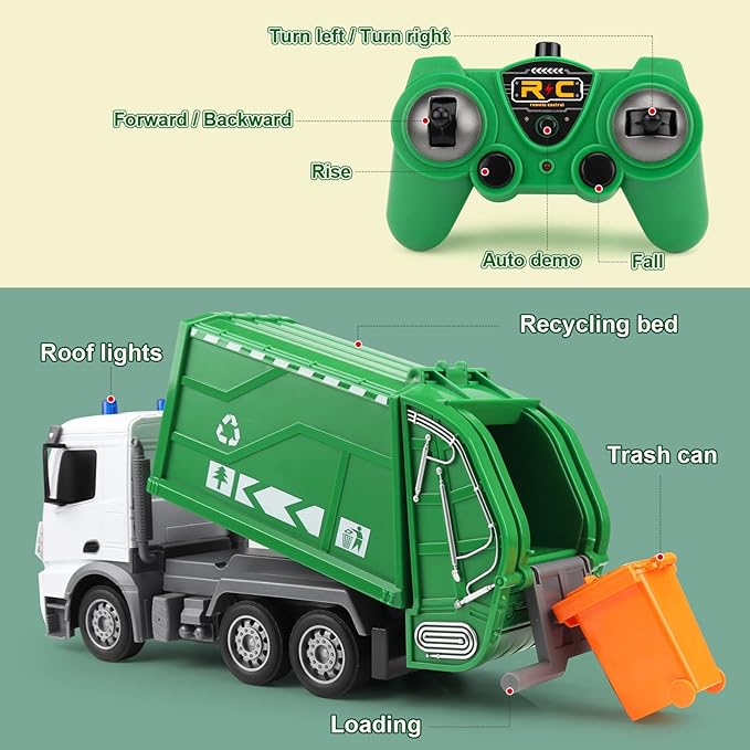 2.4Ghz Remote Control Garbage Truck Toy With Trash Bin and Real Lights - 1/24 Scale 6 Channel Rechargeable RC Recycling Truck Gift for Boys and Kids