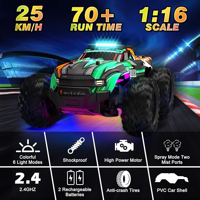 BLUEJAY Remote Control Car, 1:16 All Terrain High Speed RC Cars Truck for Boy, Rechargeable Monster RC Truck with Colorful LED Lights & Spray, RC Cars Toys Gifts for Adults Kids Boys Girls 4-7 8-12