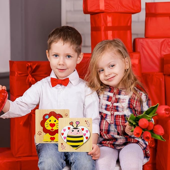 Capoda 12 Pack Valentines Animal Wooden Puzzles Wood Animal Jigsaw for Toddlers Montessori Preschool Learning Games Educational Toys for Boys Girls Classroom Exchange Gifts Party Favors