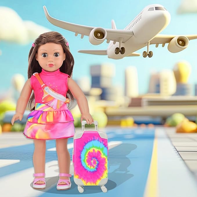 K.T. Fancy 14 PCS American 18 Inch Doll Travel Accessories Set - Rainbow Tie-Dye Suitcase Luggage with Waist Bag, Clothes, Makeup Kit, Phone Passport & Stickers (No Doll Included) Gift for Girls