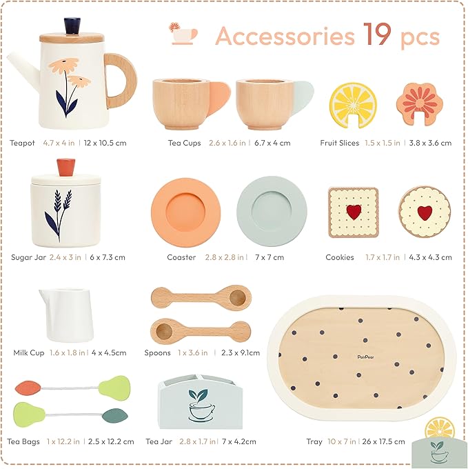 PairPear Wooden Tea Set for Toddlers,Wooden Toys Tea Party Set Play Kitchen Accessories for Kids Girls and Boys 3 Years and up,Toddler Princess Tea Time Party Food Toys