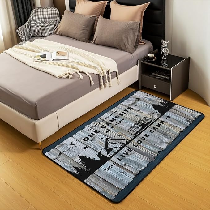 Erosebridal Happy Camping Area Rug 3x5 RV Campsite Rug for Teens Retro Wooden Board Rustic Mountain Carpet Blue Black Live Love Camp Cabin Bedroom Non Slip Decorative Rug