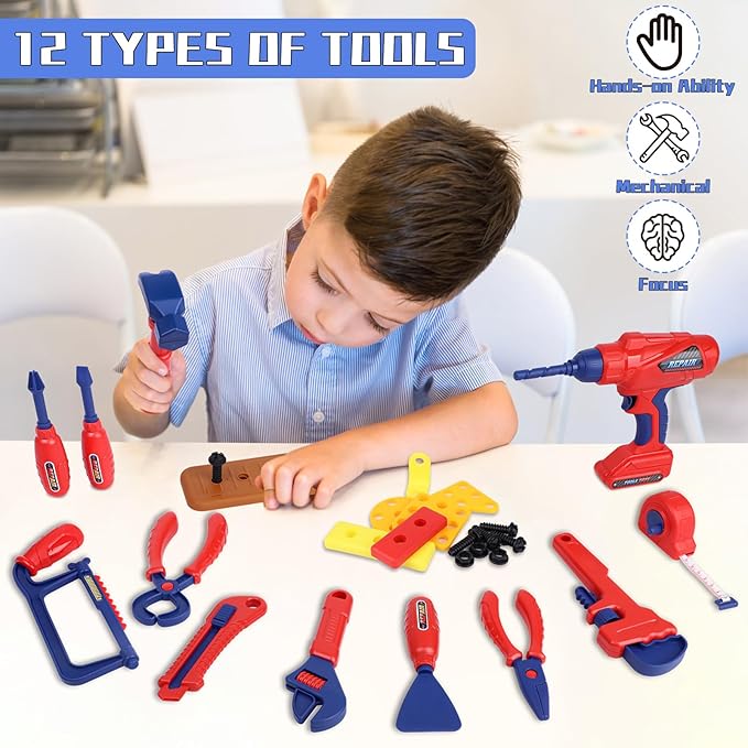Kids Tool Set, MAGIC4U 49PCS Toddler Tool Set with Electronic Toy Drill,Tape Measure 12 Tool Equipment,Pretend Play Construction Costume with Safety Vest Hat,Toy Tool Box for Kids Boy Girl Age 3-8