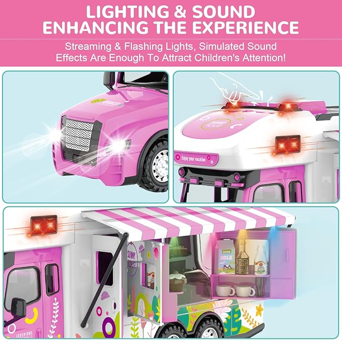 Remote Control Camper Toys, RC Truck for Boys Pull Back Model Car Doors & Awning Open Light Sound, RC Food Car Age 3 4 5 6 7 8 Kids Toddlers Birthday Gifts
