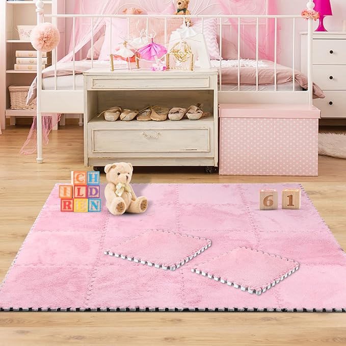 Interlocking Carpet Shaggy Soft EVA Foam Mats Fluffy Area Rugs Protective Floor Tiles Exercise Play Mat for Children Kids Room Home Parlor Bedroom (12 pcs, Light Pink)
