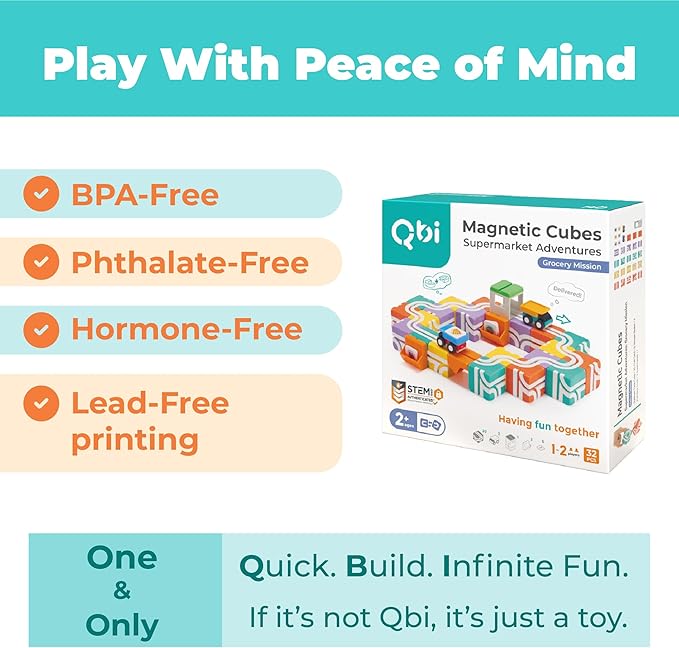 QBI Magnetic Blocks for Toddlers Ages 2-4｜STEM Magnetic Building Blocks with Trucks & Fruit Plates｜Montessori Magnet Building Cubes for Kids｜Educational Gifts for Boys & Girls Ages 2+ (32PCS)