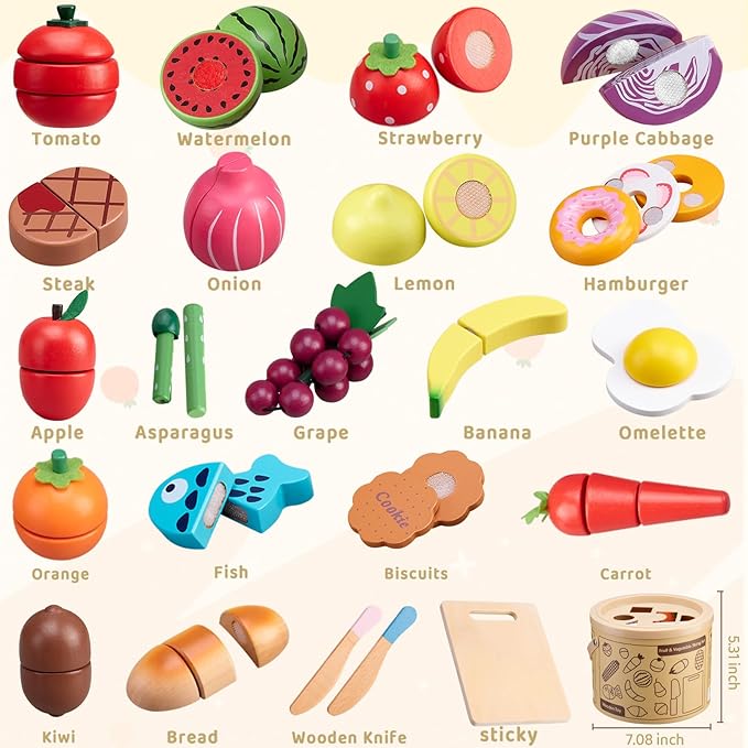 Wooden Play Food Sets for Kids Kitchen Accessories, Pretend Toy Food Velcro Fruit and Veggies Cutting Food Toy Set, Play Food Montessori Toys for 3 4 5 6 7 8 Boys and Girls Gift