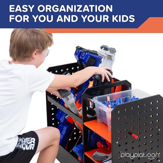 Play Platoon Storage Rack for Nerf Gun Storage & Nerf Accessories, Sturdy Wood Construction, Dart Holder & 6 Gun Holder for Wall with Pegboard Wall Organizer, Includes 20 Pegs