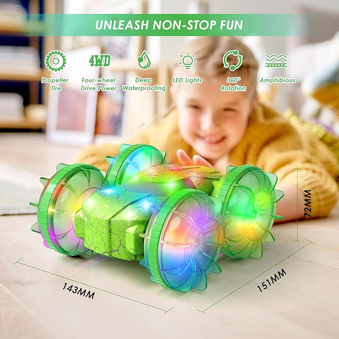 Amphibious RC Car with Lights for Kids 6-12 Year Old,2.4 GHz Remote Control Boat RC Monster Truck 4WD Vehicle Gifts,Waterproof Hand Controlled Boat 360° Rotating Water Beach Pool Toys for Boys Girls