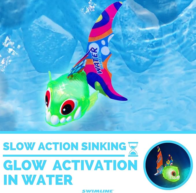 Swimline Original 1-Pack Diving Toys LED Light-Up Glowing Sea Animal Piranha Catch The Fish Retrieval Game for Swimming Pool & Bath Tub for Kids Green Color Flashing Underwater Dive Practice Learn