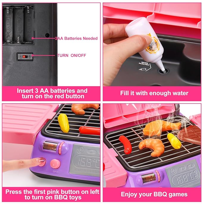 Kids BBQ Grill Playset with Coooking Apron Hat Toddler Girl Pink Kitchen Toy Ages 3-5 4-8 Pretend Smoke Sound Light Outdoor Barbecue Accessories Toy for 3 4 5 Year Old Girl Birthday Gift