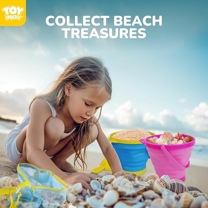 TOY Life Beach Toys for Kids Ages 4-8 Collapsible Sand Toys Toddlers with Silicone Bucket Shovels & Sand Castle Building Kit Molds, Sandbox Toy Travel, Beach Party, Fishing, Summer Activities