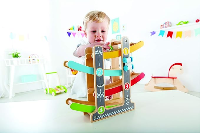 Hape Oddler Toys for 1 2 Year Old Boy & Girl Gifts Wooden Race Track Car Ramp Racer with 4 Mini Cars