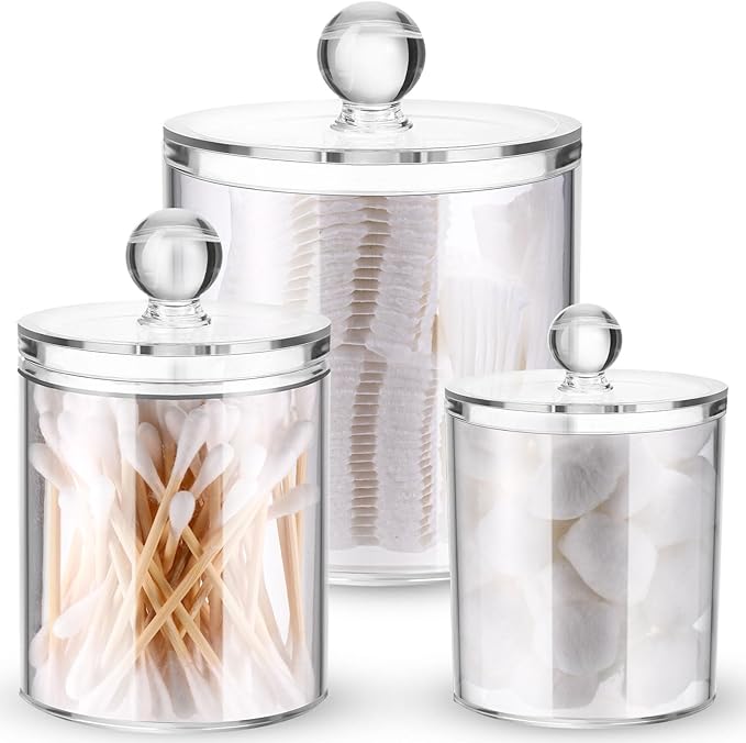 Meanplan 6 Pack Acrylic Holder Dispenser Plastic Apothecary Jars with Lids for Cotton Ball, 10/22/39 oz Clear Plastic Storage Jars Floss Holder Container for Cotton Swab Bathroom, 3 Sizes